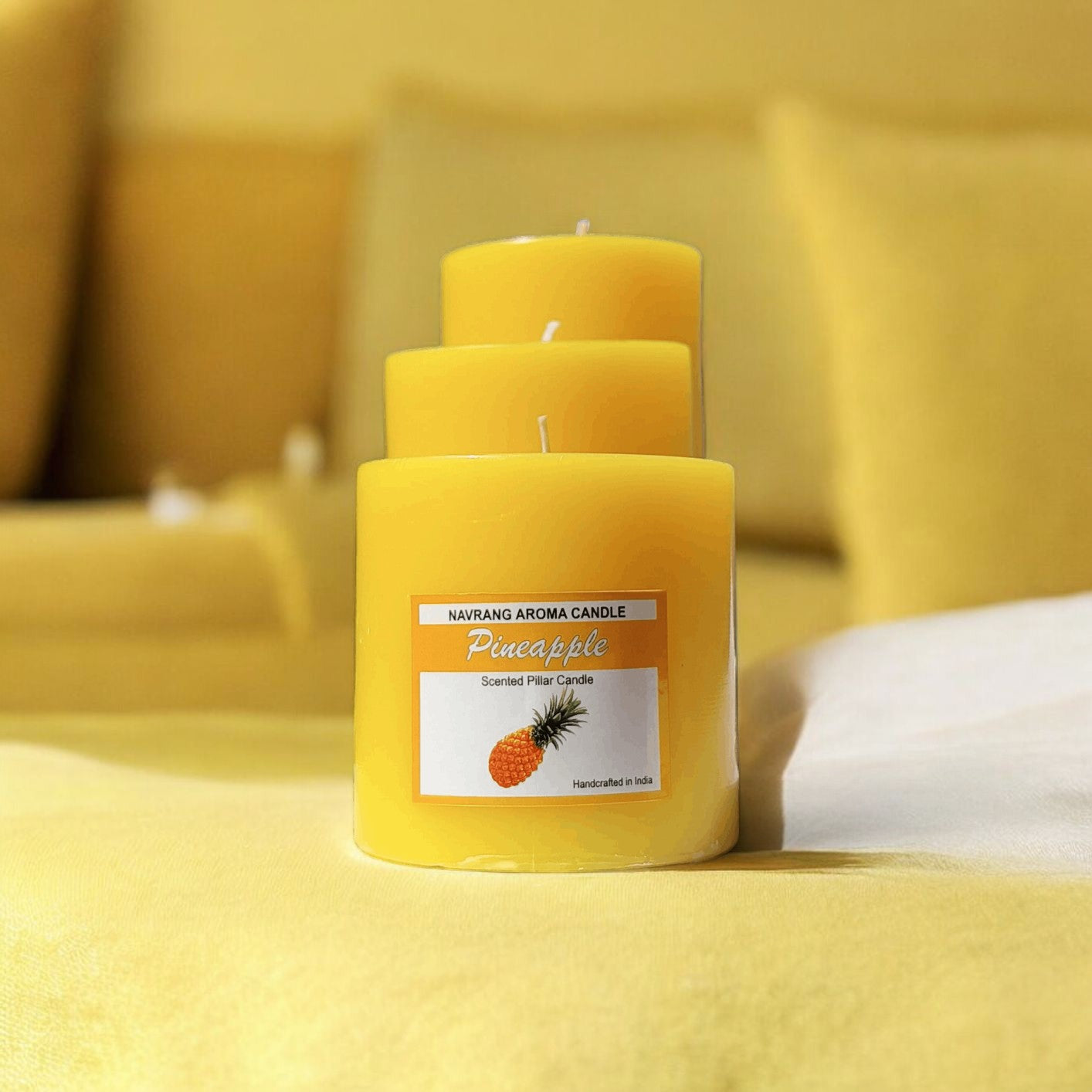 Set of 3 Scented Pillar- Candles Pineapple Fragrance ( 2x2, 2x4, 2x6 Inches Candle )