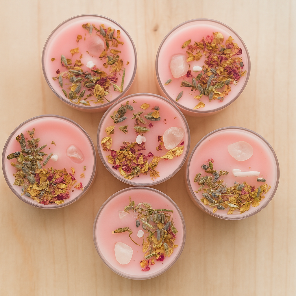 Set of 6 Self Love Tealight Candles – Infused with Rare Herbs, Crystals & Essential Oils