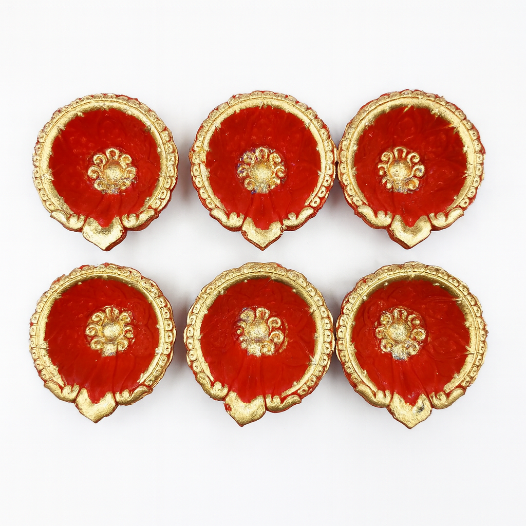 Handmade Red & Golden Diya Set of 6