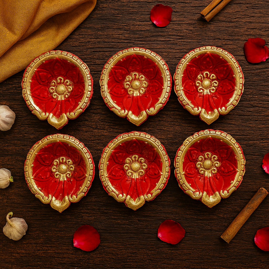 Handmade Red & Golden Diya Set of 6