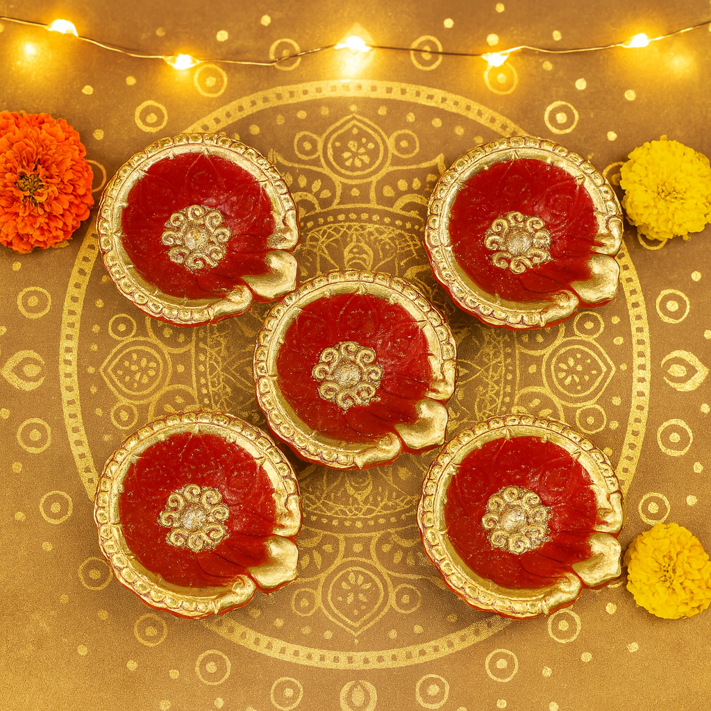 Handmade Red & Golden Diya Set of 6