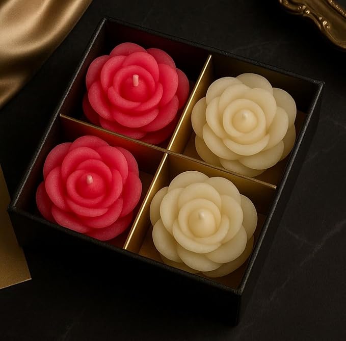 Rose Flower Shaped Decorative Floating Candles – Pack of 4 | Scented Wax Candles for Home Décor, Diwali, Wedding & Gifting