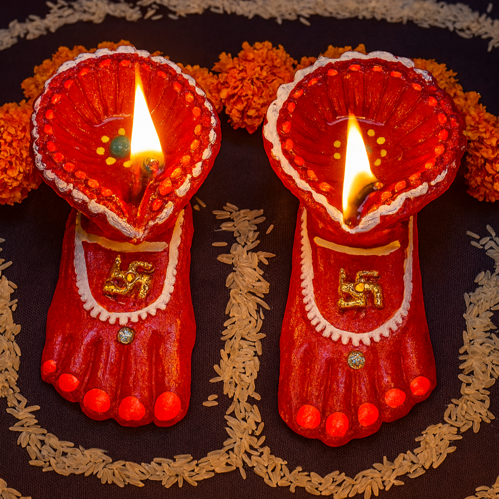Navratri Charan Diya Pair | Mata Rani Charan Paduka Decorative Deepak for Mandir