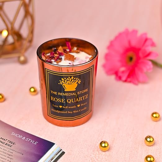 Rose Quartz Glass Candle – Aromatherapy Scented Candle with Wooden Wick (36-Hour Burn) || THE REMEDIAL STORE