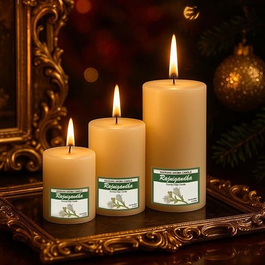 Set of 3 Decorative Scented Pillar Candles || Sizes 3x3, 3x4, 3x6 Inches || The Remedial Store (Rajnigandha)