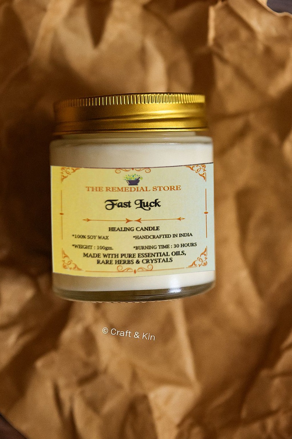 Fast Luck Healing Candle – 100% Soy Wax, 100g – Made with Essential Oils, Herbs & Crystals – 30-Hour Burn || The Remedial Store