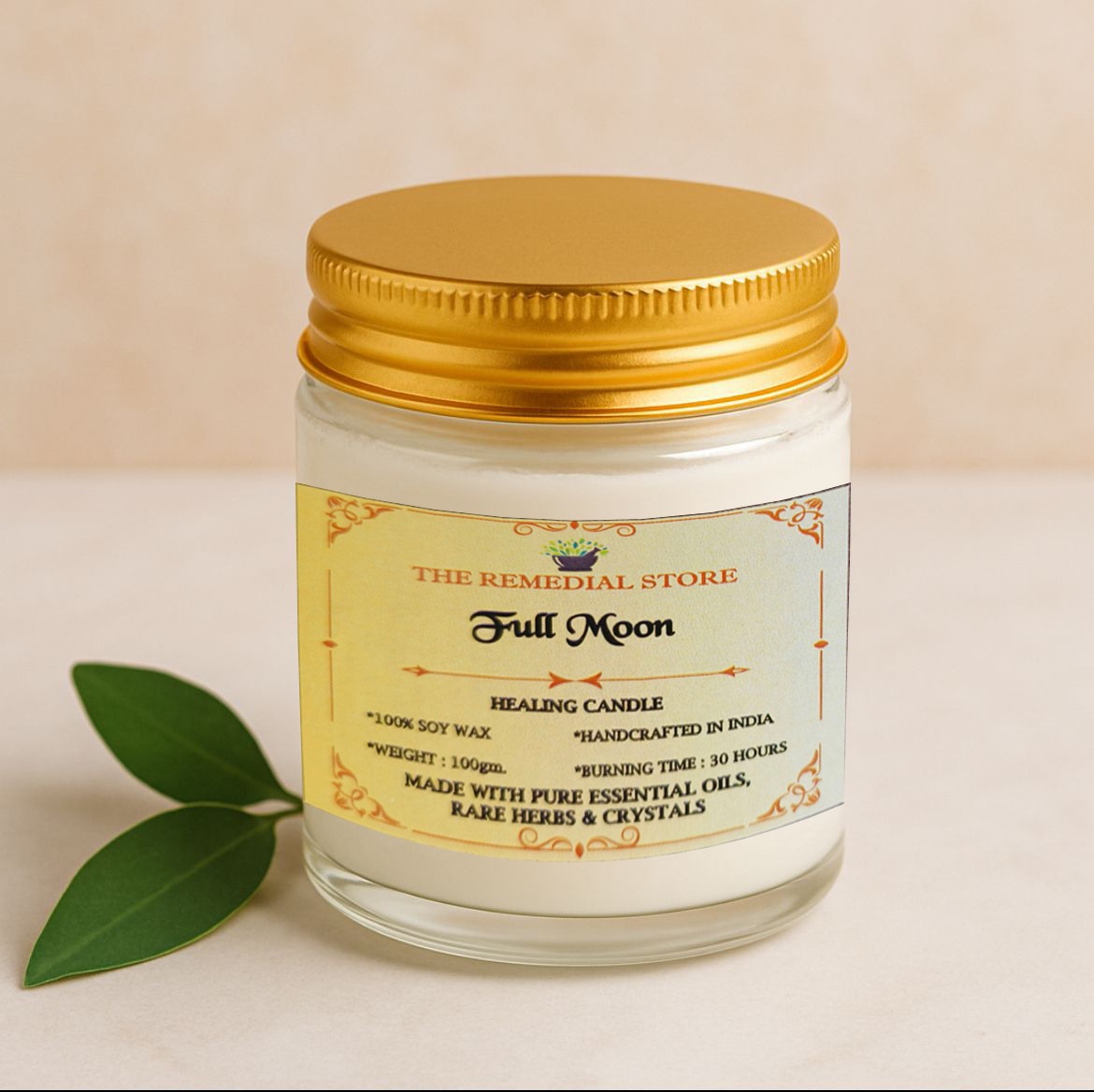 Full Moon Healing Candle – 100% Soy Wax, 100g – Made with Essential Oils, Herbs & Crystals – 30-Hour Burn || The Remedial Store